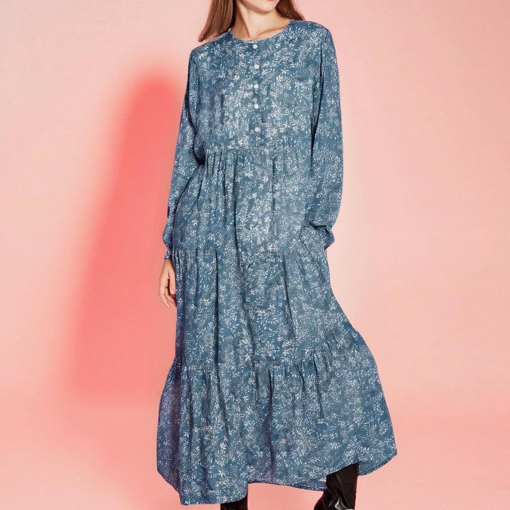 Женские модные повседневные платья с круглым вырезом и длинным рукавом с цветочным принтом