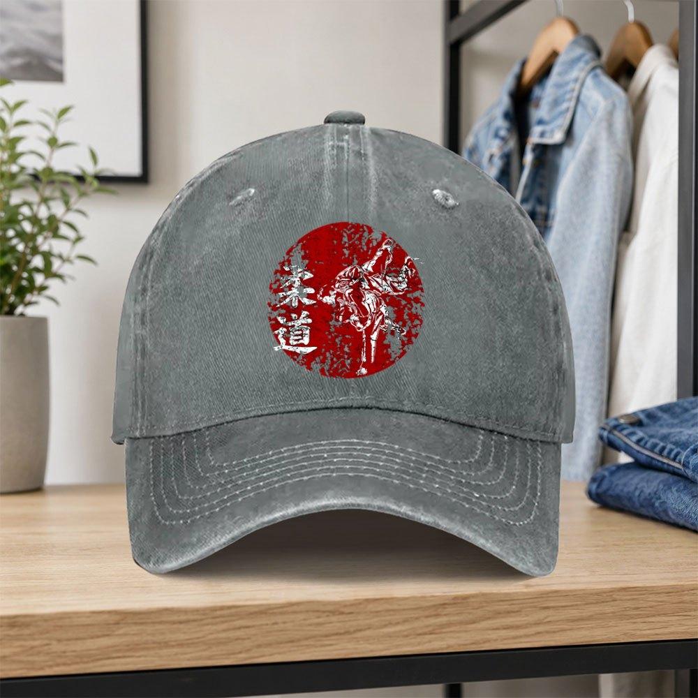 Retro Judo Print Washed Baseball Cap Unisex Adjustable Dad Hat for Outdoor Sports Daily Wear Parties Vacations