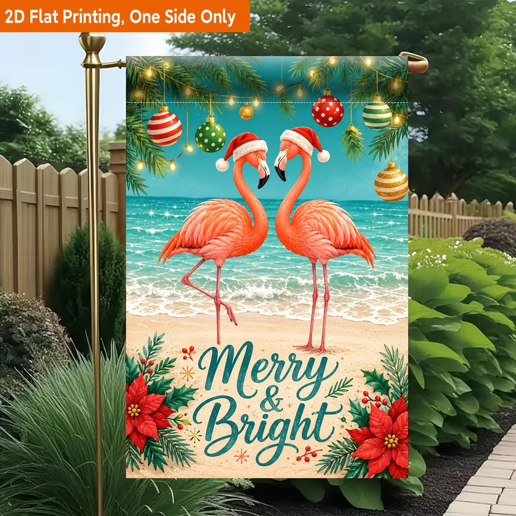2D Flat, 2D Flat Printing Garden Flag 1pc, Merry Flamingos At Beach Durable Single-Sided Print Yard Flag, Garden & Home Holiday Decoration, 29.97x44.9