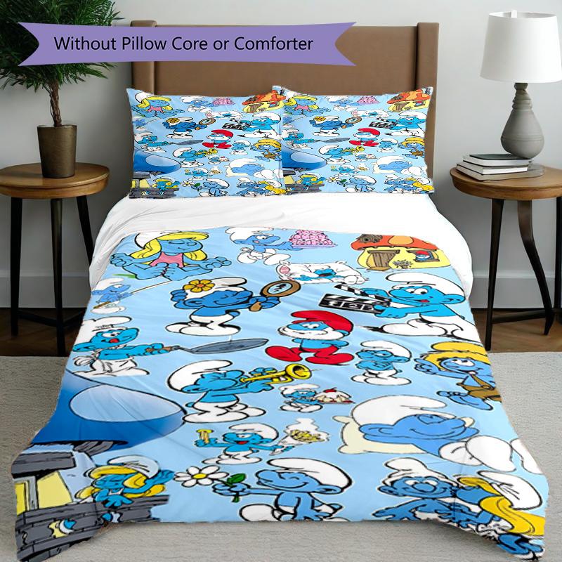 3pcs Duvet Cover Set (1*Duvet Cover + 2*Pillowcase, Without Core), Blue Smurfs Print Bedding Set, Bedroom Decor, All‑Season, Birthday Gift