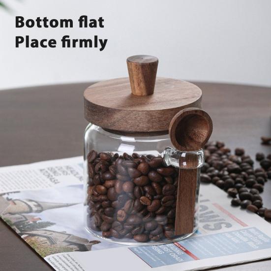 Glass Airtight Canister Sealed Jar with Wooden Spoon Transparent Food Storage Jar for Spice Coffee Beans Kitchen Pantry Supplies
