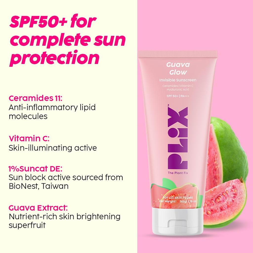 The Plant Fix Plix SPF 50+ Guava Glow Invisible Sunscreen 50g For All Skin Types With Broad Spectrum Protection