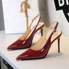 Sexy Sandals Women Pointed Toe High Heels Patent Leather Slim Heel Back Strap Simple Stiletto Shoes