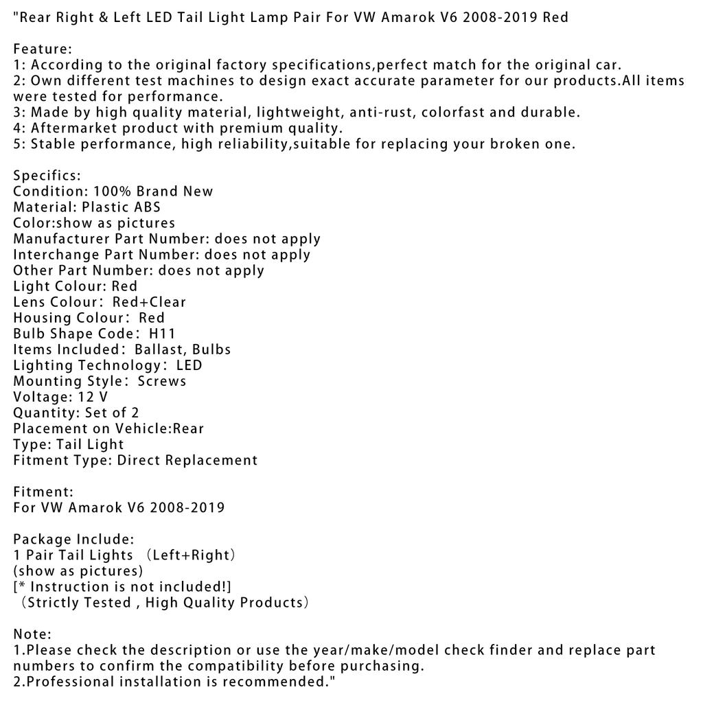 Rear Right & Left LED Tail Light Lamp Pair For VW Amarok V6 2008-2019 Red