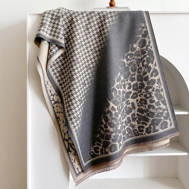 Thousand Bird Grid Stitching Leopard Print Commuting Fashion Elegant Beautiful Imitation Cashmere Thermal Scarf Shawl Cape Women