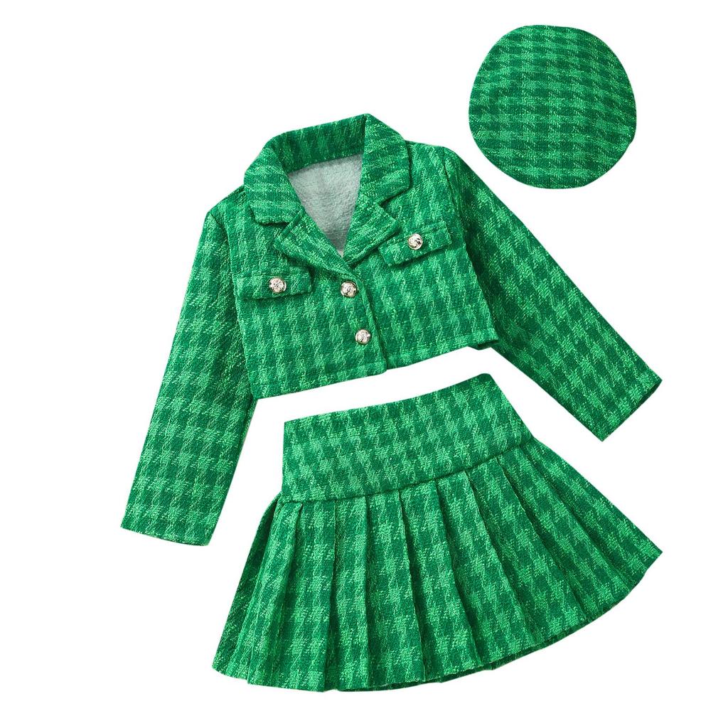Осенний комплект из 3 предметов для девочек, комплект из 3 предметов с длинными рукавами и пуговицами для детей 4, 5, 6, 7 лет, плиссированная юбка в клетку, комплект со шляпой
