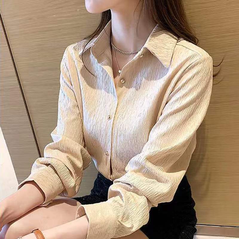 Весна Осень Новая женская однобортная рубашка для поездок на работу Элегантная стильная блузка с воротником-поло в винтажном стиле с длинным рукавом для женщин