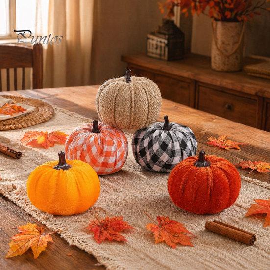 Тыквы из мешковины и бархата 5 шт. Осенний тканевый декор-тыква, Thanksgiving Фермерский набивной клетчатый декор, Урожай Маленькие искусственные для домашнего стола