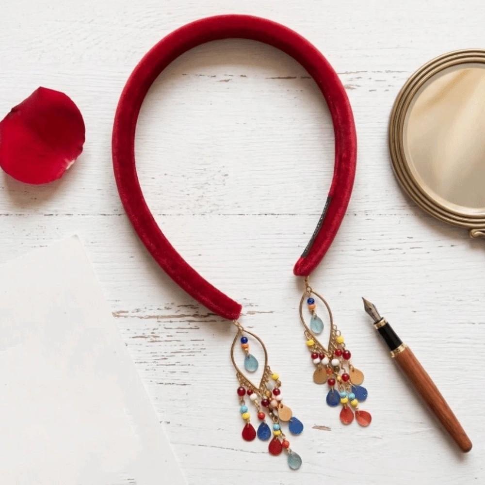 Handmade Red Tassel Hairband Elegant Headwear Tassel Pendant Hair Accessory Party Wear