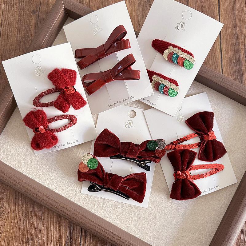 2 шт./комплект, красные детские заколки для волос, новогодняя рождественская серия, бант, пояс, заколка BB для малышей, милые модные аксессуары для волос принцессы