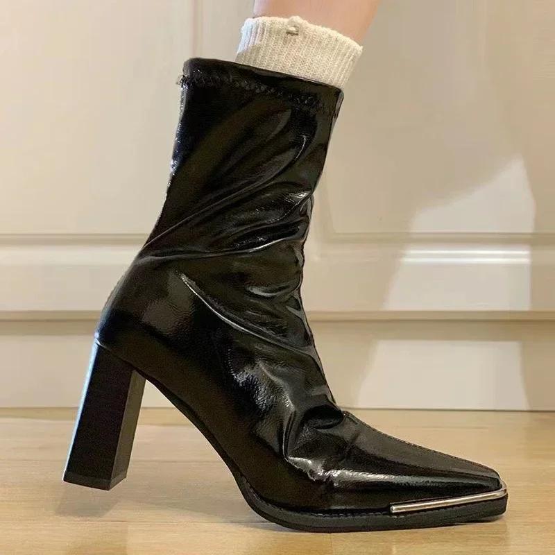 Модные новые зимние женские ботинки высокого качества, модные однотонные с острым носком, на толстом каблуке, на молнии, женские ботильоны на высоком каблуке