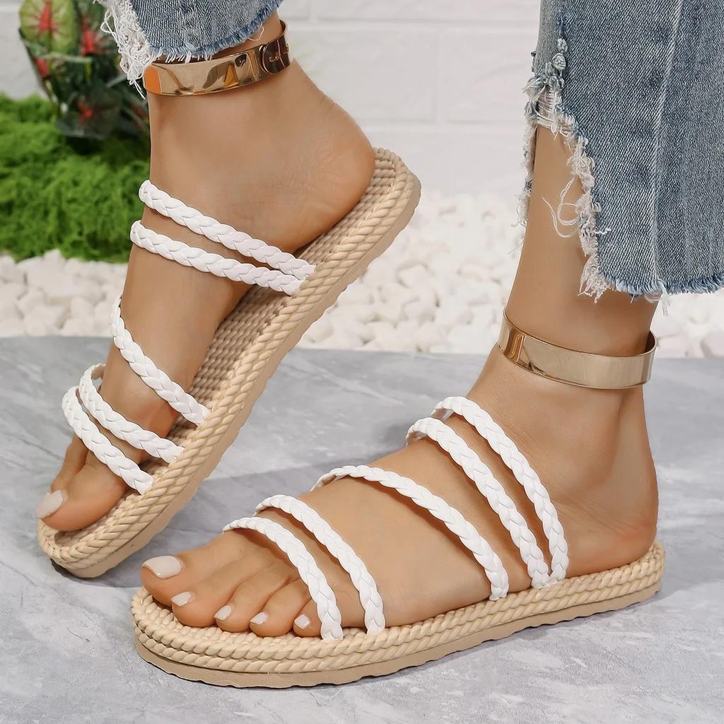 Fashion Lightweight White Flat Sandals Women 2025 Summer Casual Weaving Roman Slippers Woman Comfortable Non Slip Beach Sandalias Mujer