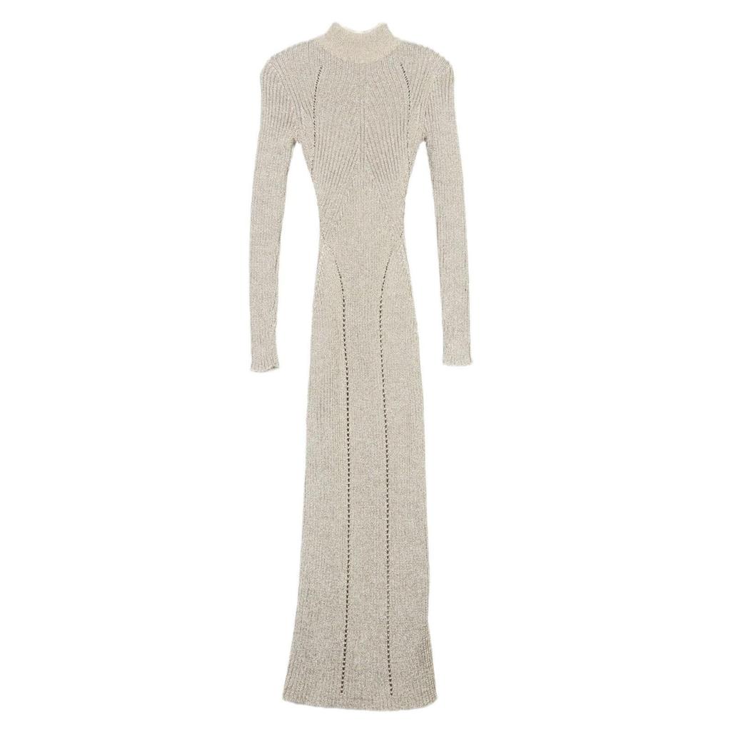 High-Neck Slim Fit Knitted Evening Dress - French Style, Hollow Design for Spring and Autumn