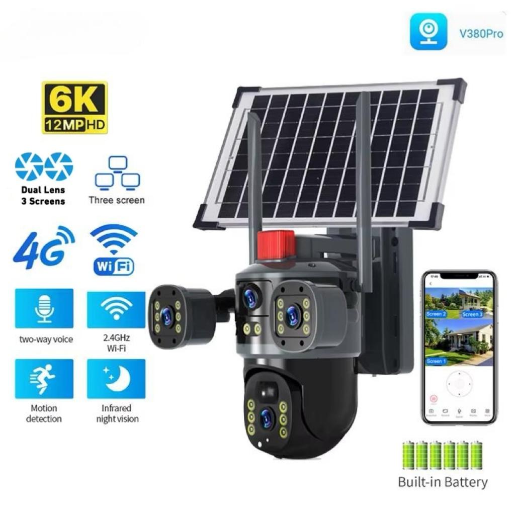 V380Pro 12MP Multi-Lens 3 Screen CCTV Camera Solar 4G WIFI Wireless Solar Panel Powered Surveillance PTZ Camera Waterproof Outdoor