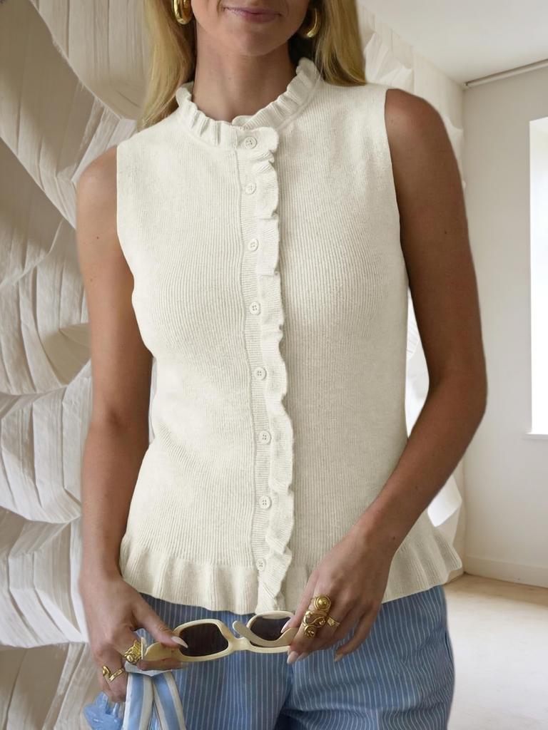 Women's Sleeveless Sweater Vest Ruffle Button Down Knit Tank Top
