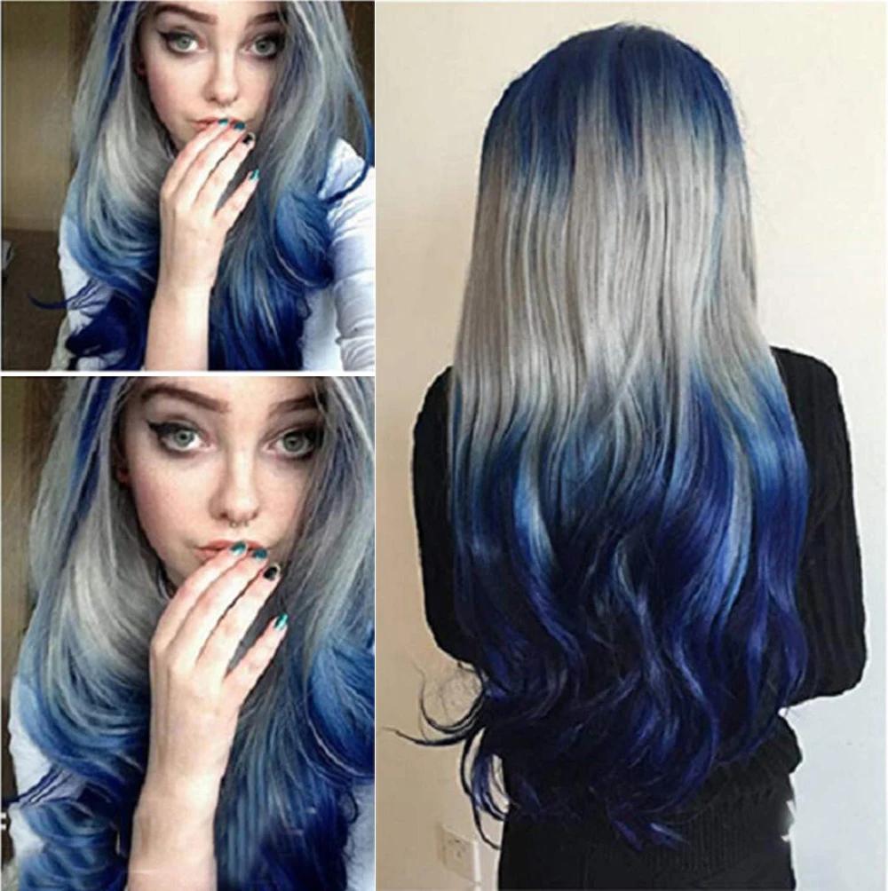 Synthetic Hair Long Blue Ombre Gray Wig Wavy Women's Costume Wigs Lolita Cosplay Wig Pelucas Rainbow Wig