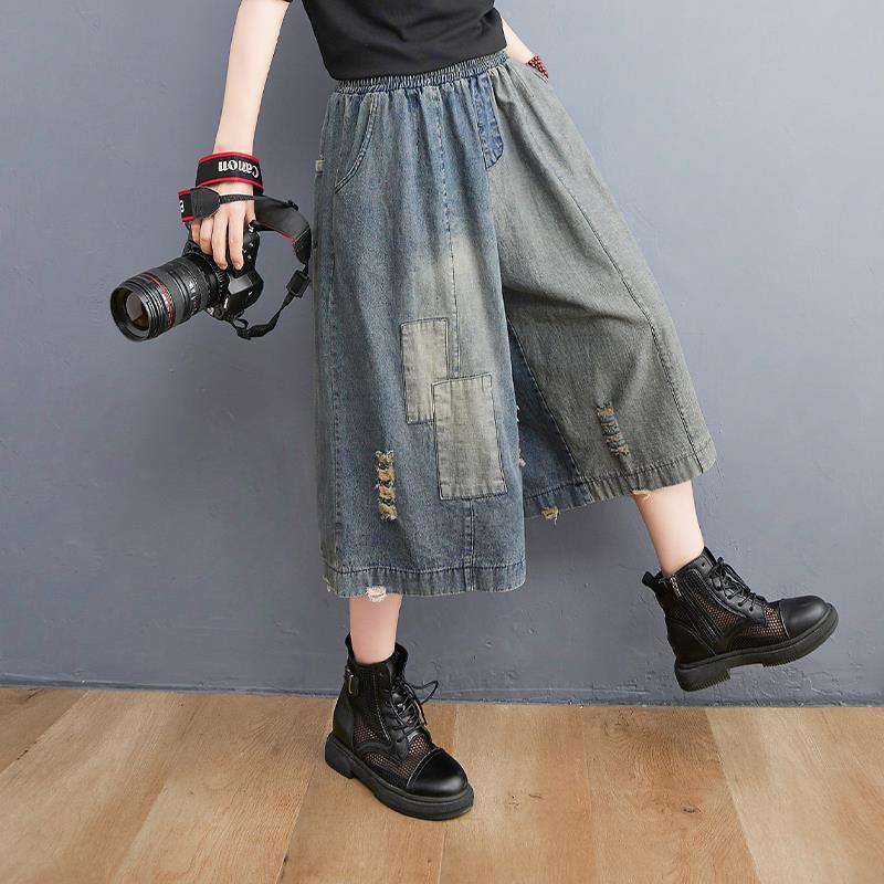 Женские винтажные джинсовые брюки больших размеров, свободные рваные джинсы с заплатками, летние повседневные широкие джинсовые шорты в стиле пэчворк