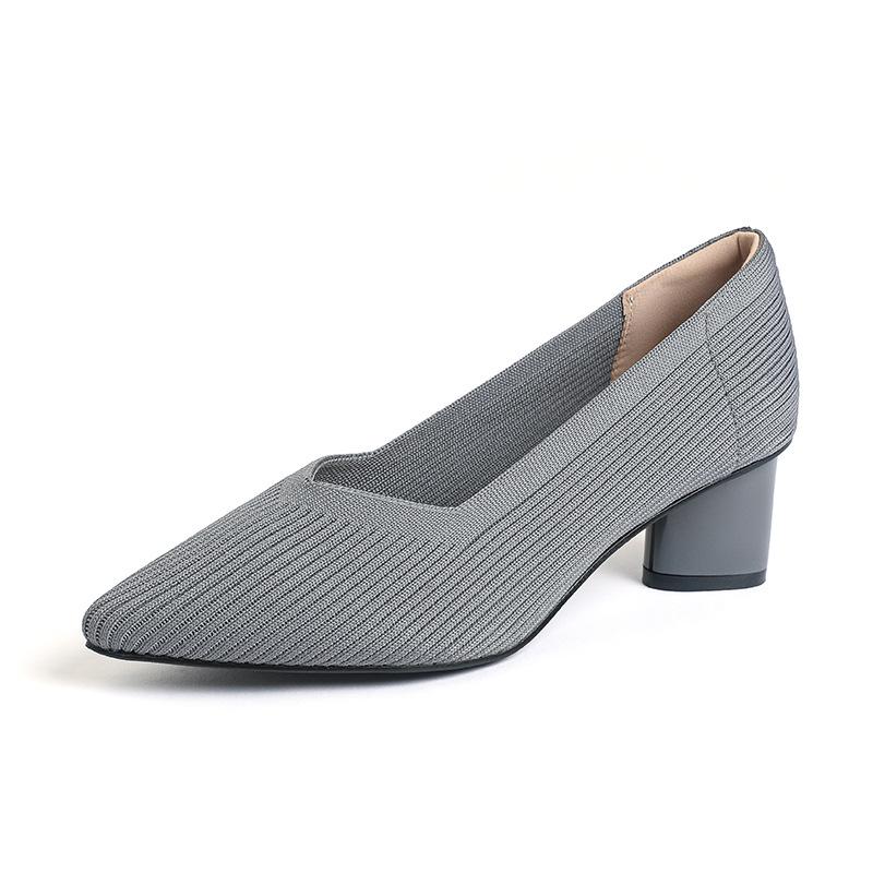 Мода 2025 Острый носок Средний каблук Дышащие Удобные Вязаные туфли Женские Неглубокий вырез Массивный каблук Мода Zapatos De Mujer Туфли-лодочки