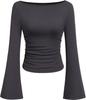 2025 Autumn Slim Fit Women's Boat Neck Bell Sleeve Ruched Top - Solid Color, Long Sleeve