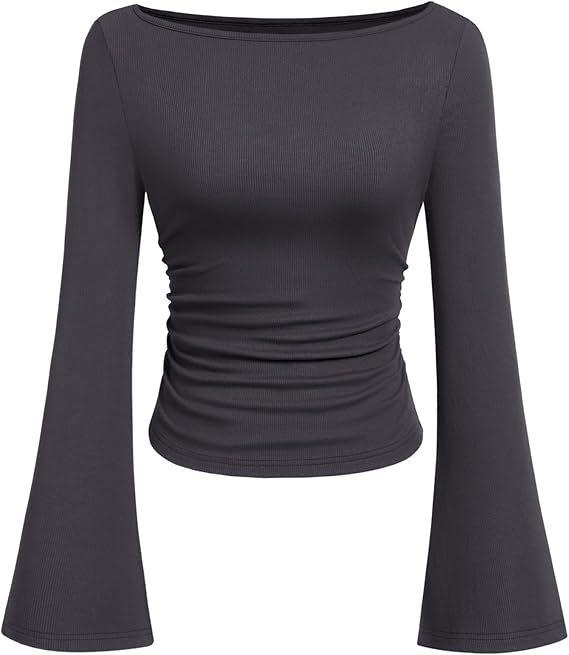 2025 Autumn Slim Fit Women's Boat Neck Bell Sleeve Ruched Top - Solid Color, Long Sleeve