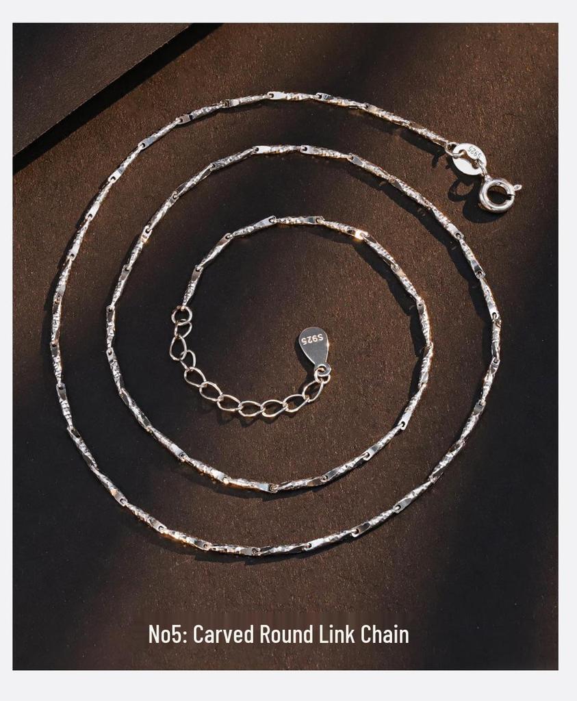 Korean Style S925 Sterling Silver Necklace: Carved Lip Round Link Chain with Silk Texture, Gingham Design, Starry Sky Accents, Plain Collarbone Chain