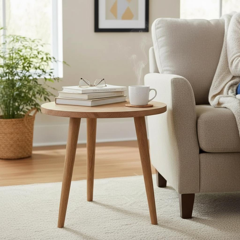 Round Wooden Side Table | Modern Scandinavian Accent Table for Living Room | Lightweight Coffee & Bedside Table, Sofa Side Table Furniture
