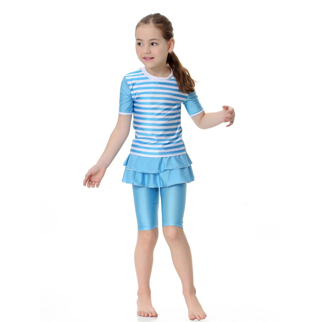 Girls Muslim Swimwears Split Two-piece Swimming Suit Short Sleeve Striped Kids Swimsuit