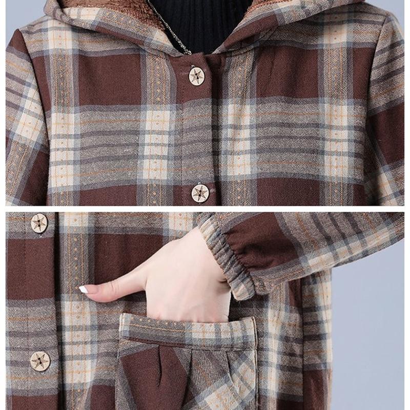 Осенне-зимний женский укороченный кардиган больших размеров с капюшоном, пальто на пуговицах, клетчатая теплая повседневная куртка