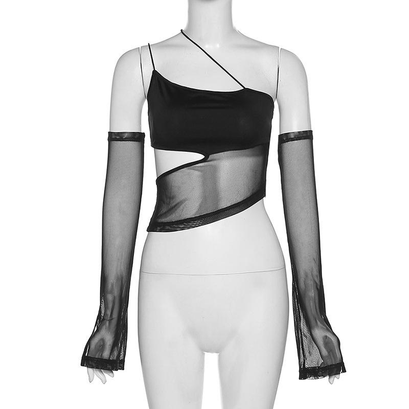 Asymmetrical Hollow Mesh Crop Top with Sleeves, Fairy Rock Outfit, Transparent Camisole, Vest