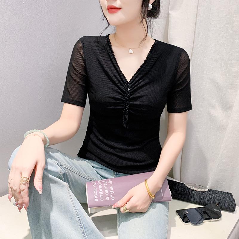 Women's European Style Beaded V-Neck Mesh T-shirt - Short Sleeve, Versatile, Fashionable Summer Blouse