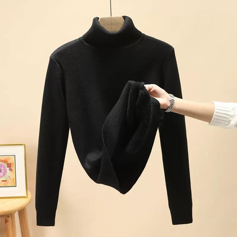 Turtleneck Winter Sweater Women Elegant Thicken Velvet Lined Warm Sueter Knitted Pullover Slim Tops Jersey Knitwear Jumper