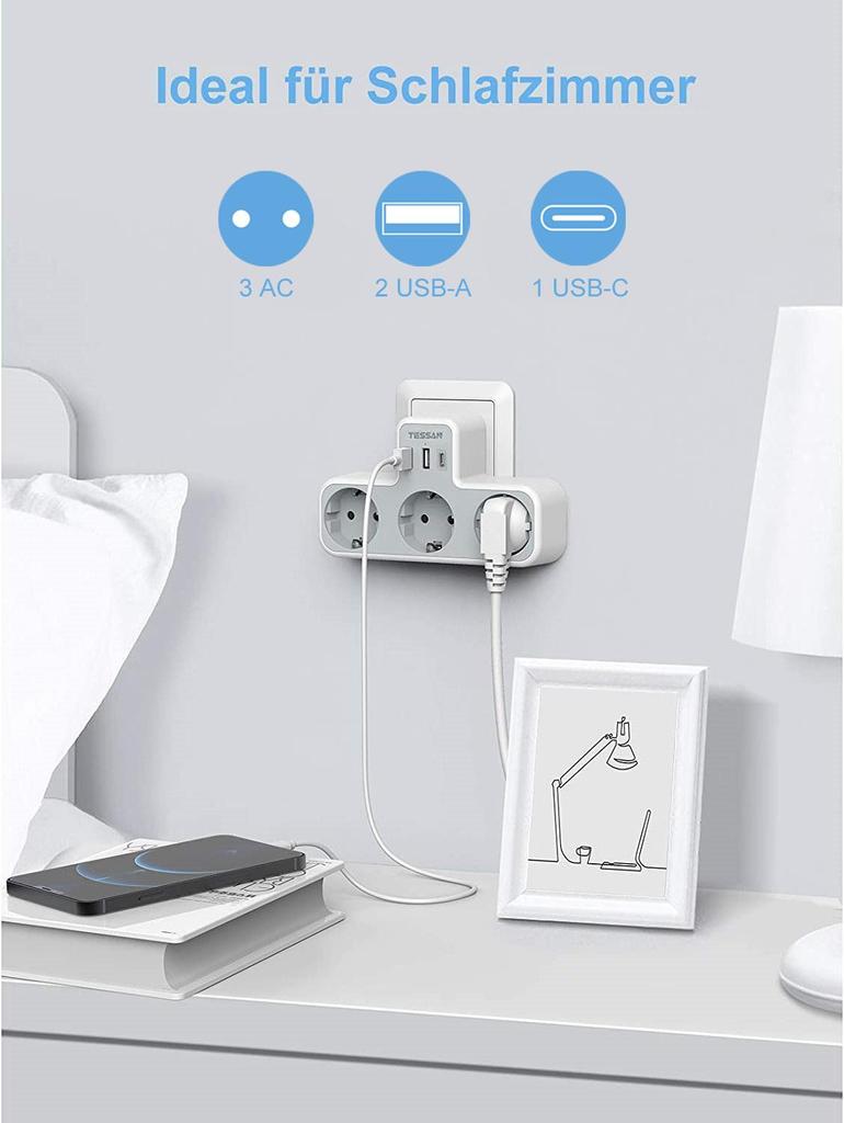Tessan Multiple Power Strip Electrical EU Plug Extension Socket 3 Outlets with 2/3 USB Ports Wall Charger Adapter for Home Travel