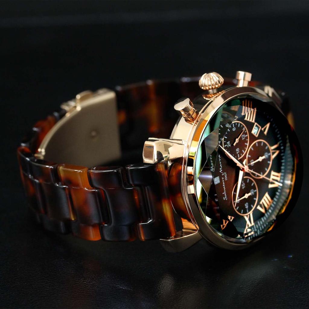 Salvatore Marra Men's Brown Watch, SM19104A-PGBR, Faceted Glass Chronograph with Acetate Strap and Gradient Design