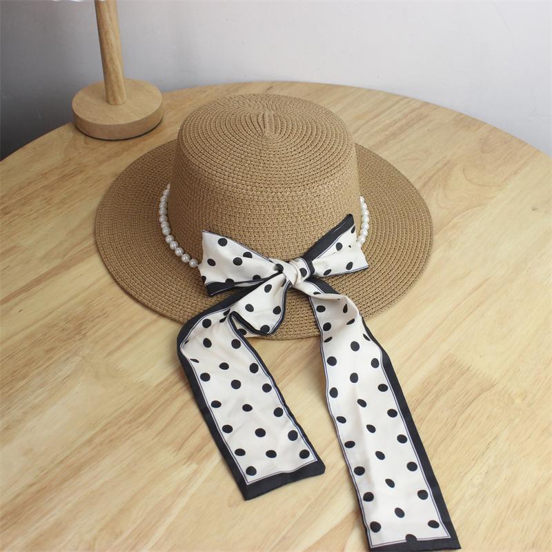 Straw Hat Summer Sun Hat Elegant Polka Dot Streamer Pearl Flat Top Hat Travel Small Fresh Sun Hat