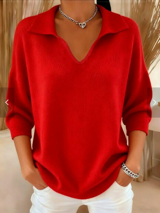 European & American Loose V-Neck Lapel Knit Sweater - Women's Solid Color Pullover for Spring and Autumn