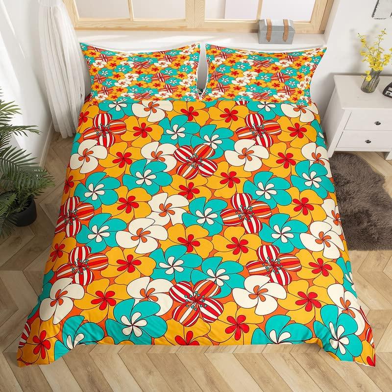Retro 70s Hippie Style Duvet Cover Queen Microfiber Psychedelic Mushroom Bedding Set Room Decor Gifts Rainbow Floral Quilt Cover