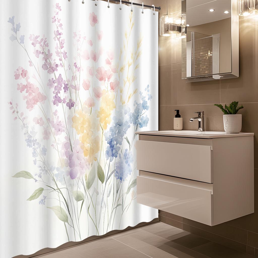 1 шт. Весенняя Цветочная Шторка для Душа - Водостойкий Полиэстер, Машинная Стирка, Художественная Тема, 12 Крючков, Верх с Люверсами