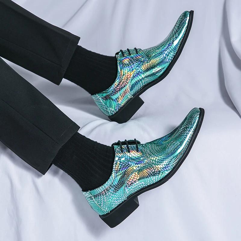 New Men Bright PU Printing Fashion Shoes Low Top Business British Casual Shoes Lace Up Classic Large Sizes 38-47 Men's Shoes