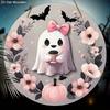 Pink Wooden Halloween Sign with Adorable Ghost Pattern Design - Unique Wall Pediments - Ideal for Front Door, Yard, Porch, Room Decor