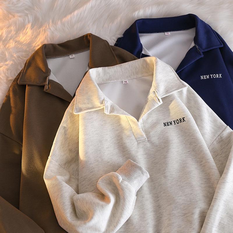 Korean Chic Women's Polo Collar Sweatshirt - Trendy Long Sleeve Top for Spring & Autumn