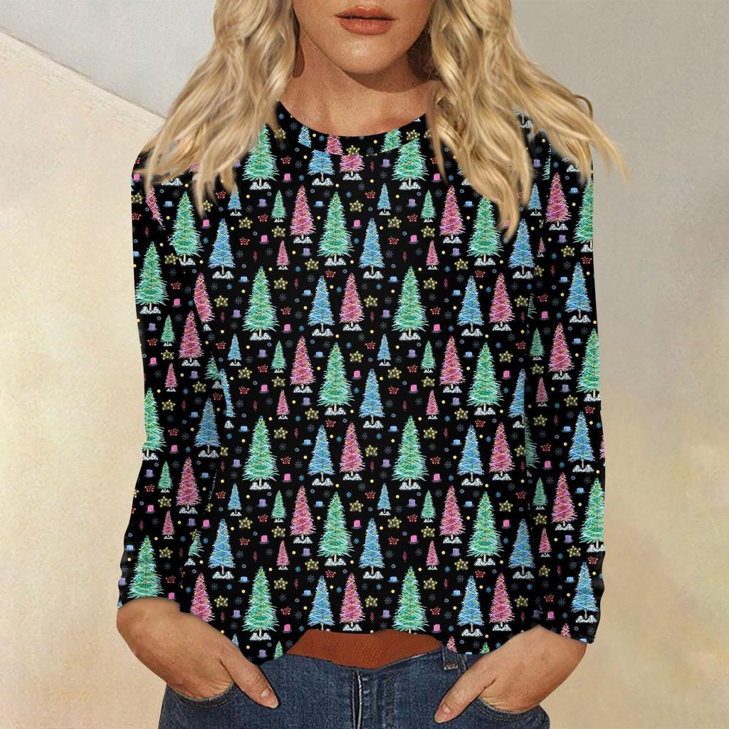 Рубашки с длинным рукавом для женщин, милые футболки с принтом на Рождество, блузки, повседневные топы больших размеров, пуловеры