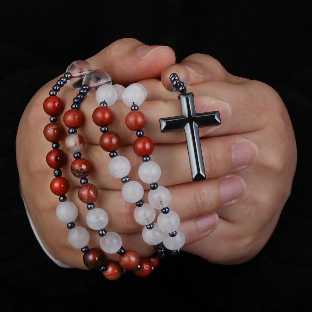 Red Stone White Crystal Rosary Beads Necklace Women Men Catholic Christ Hematite Cross Pendant Necklace Meditation Mala Jewelry
