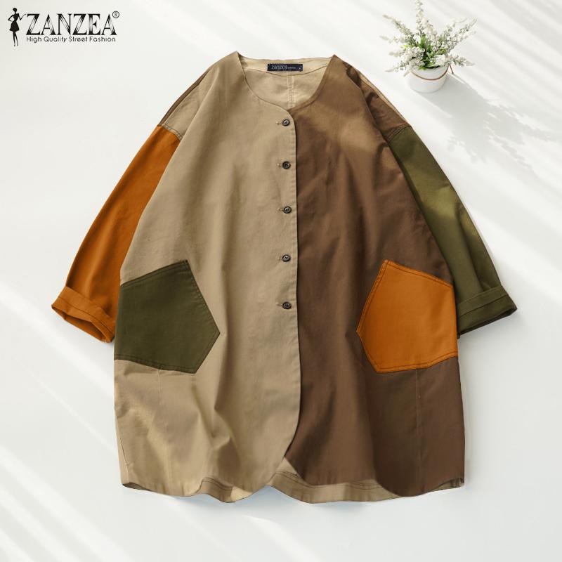 ZANZEA Женские осенние рубашки с круглым вырезом и длинным рукавом, контрастного цвета