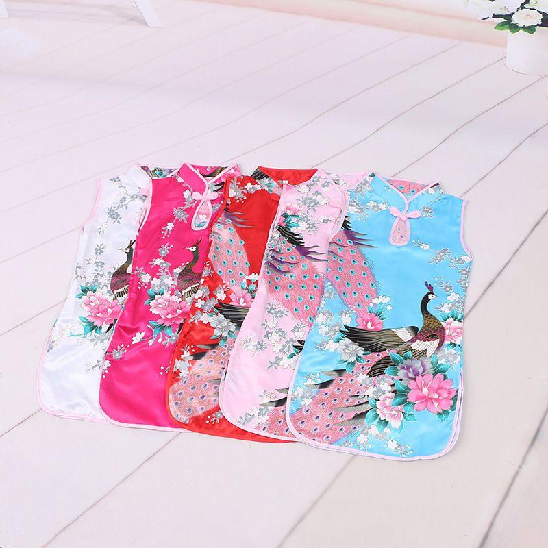 Elegant Children Girls Chinese Cheongsam Dress With Floral Peacock Pattern Sleeveless Summer Wear