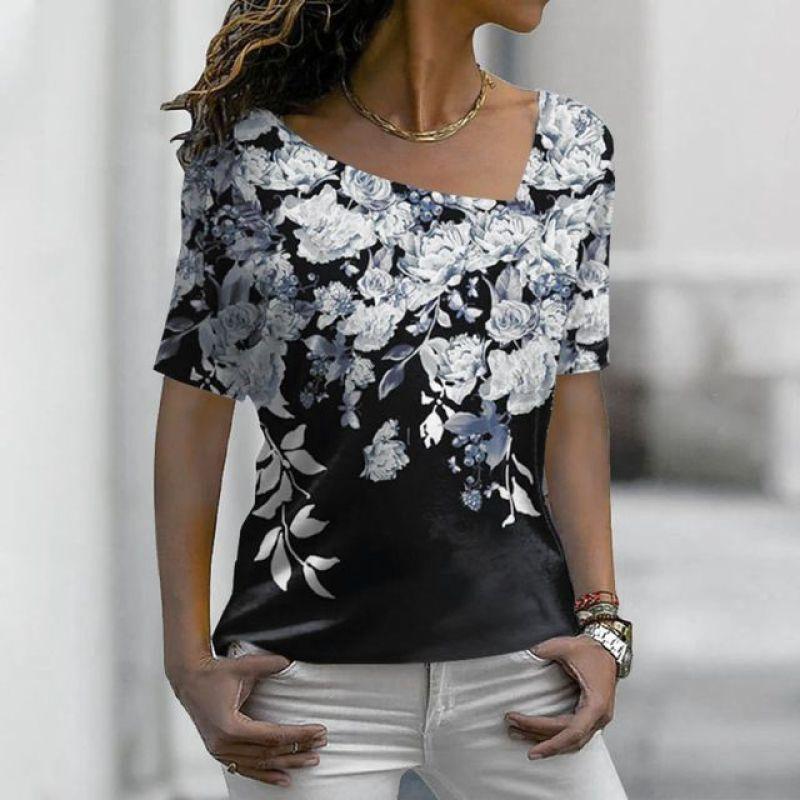 Новые женские футболки, цветочный принт, женская одежда, топы с короткими рукавами, толстовки с v-образным вырезом, уличная одежда, большие футболки, женские футболки