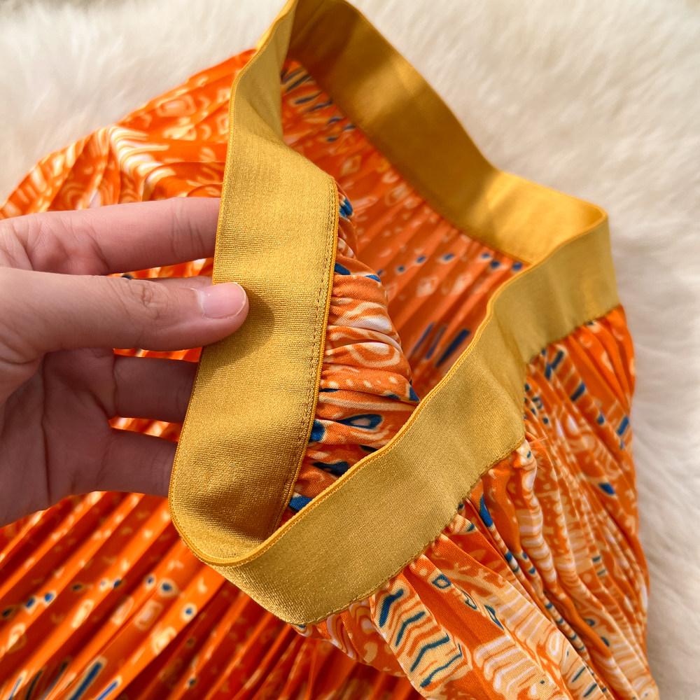 Весна Лето Женская Элегантная Юбка Макси с Принтом, Эластичной Талией и Плиссировкой для Пляжного Отдыха, Только Один Размер