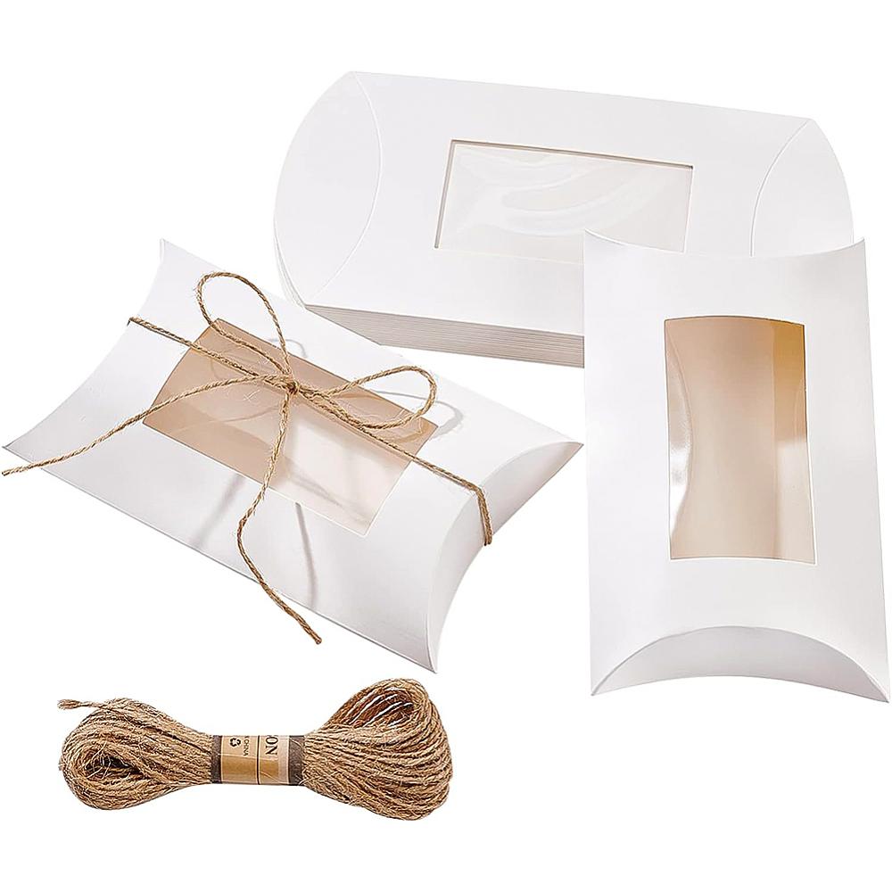 20Pcs Paper Pillow Boxes with PVC Clear Windows & 1Bundle Jute Cord White 17x11x4cm
