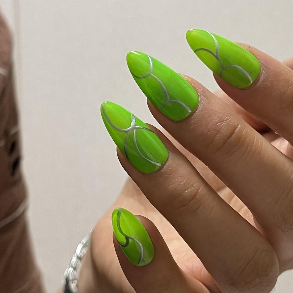 HANDMADE Artificial Nail Green Almond Nail Style Modern Stripe Phototherapy Nails Fake Nails Reusable and Removable Nails