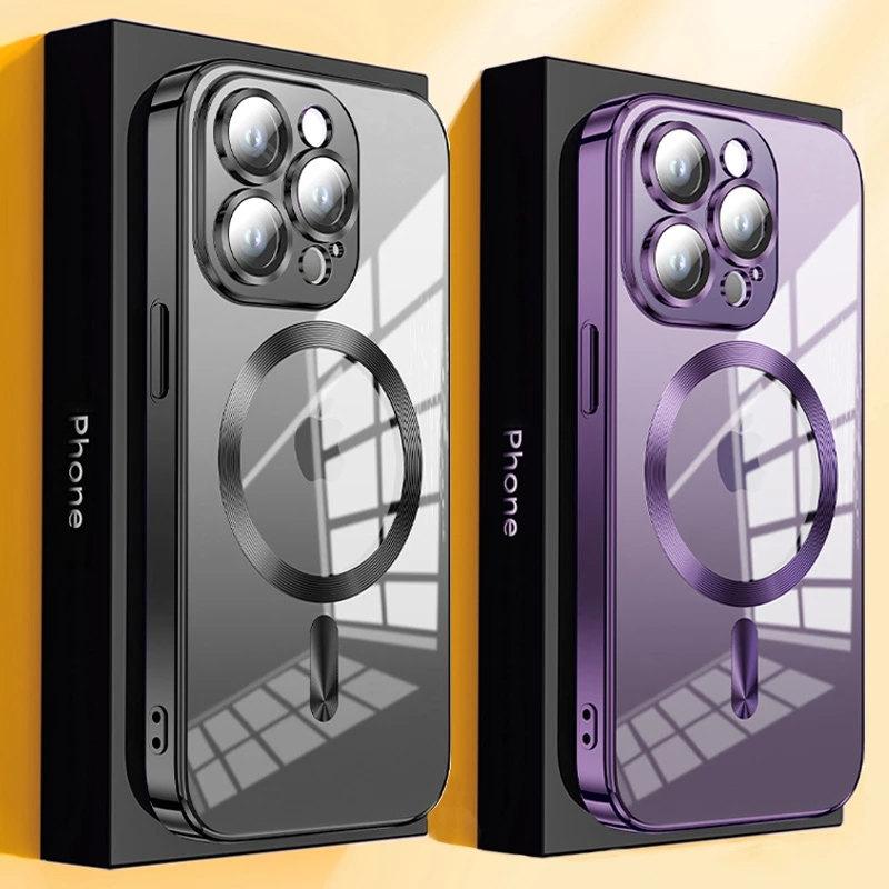 For Magsafe Magnetic Wireless Charge Clear Phone Case For iPhone 16 15 14 13 12 11 Pro Max Luxury Plating Cover