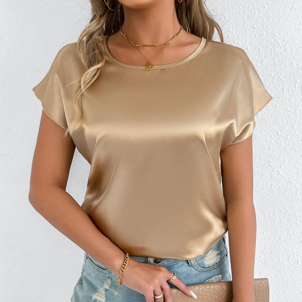 Женская модная повседневная однотонная футболка с круглым вырезом и короткими рукавами Футболка с короткими рукавами